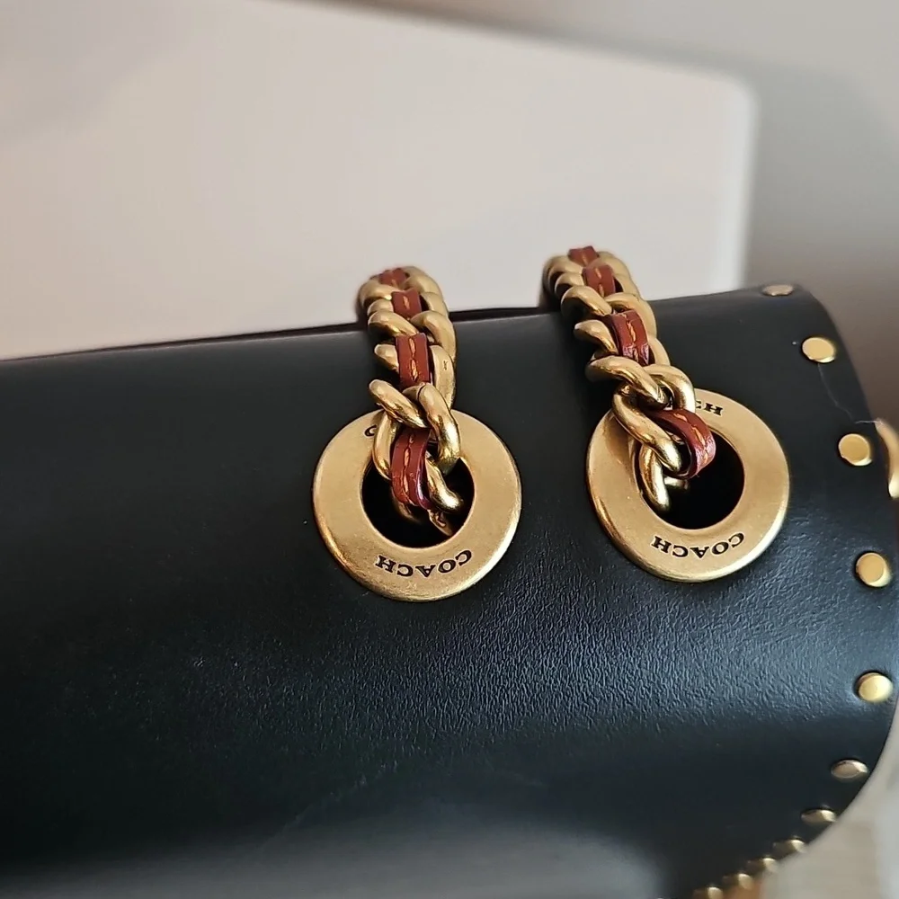 Coach Tea Rose handbag.  Chic Black and Brown Designer Handbag with Gold Chain - Picture 10 of 10